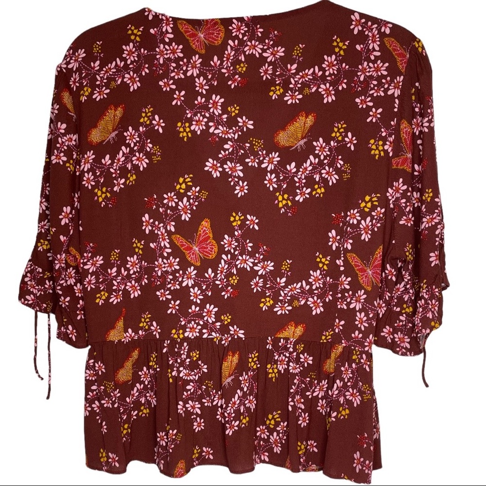 Madewell Tie-Sleeve Brick Red Wrap Top in Butterfly Sanctuary with Tie Sleeves - Picture 5 of 16